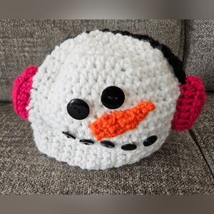 Crochet Snowman Hat with Pink Earmuffs